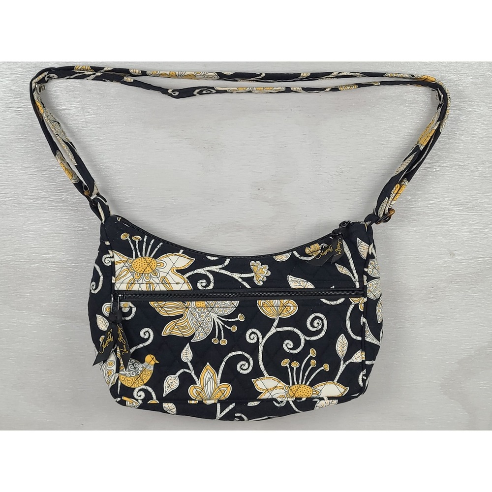 Vera Bradley Night Owl Quilted Cotton Crossbody Shoulder Bag Black Yellow Floral